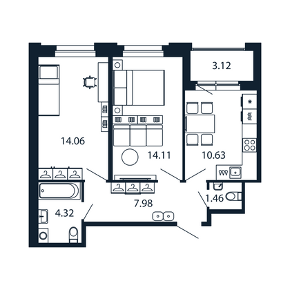 Продажа 2-комнатной квартиры 54,1 м², 3/12 этаж