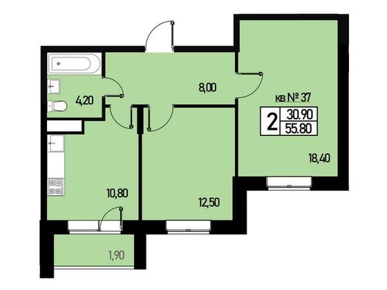 Продажа 2-комнатной квартиры 53,6 м², 2/3 этаж