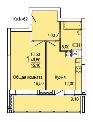 45,1 м², 1-комн. квартира, 2/9 этаж