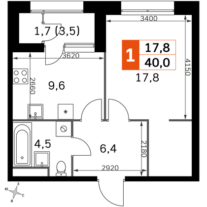 40 м², 1-комн. квартира, 8/27 этаж