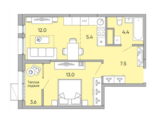 45,9 м², 2-комн. квартира, 14/18 этаж