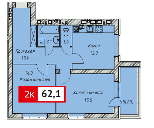 Продажа 2-комнатной квартиры 62,1 м², 5/10 этаж