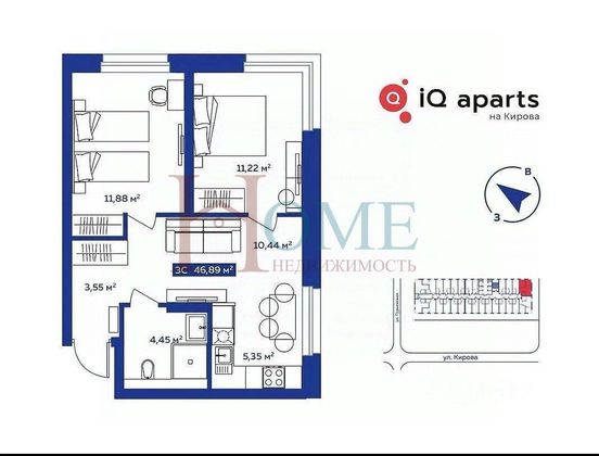 Аренда 3-комнатной квартиры 46 м², 24/25 этаж