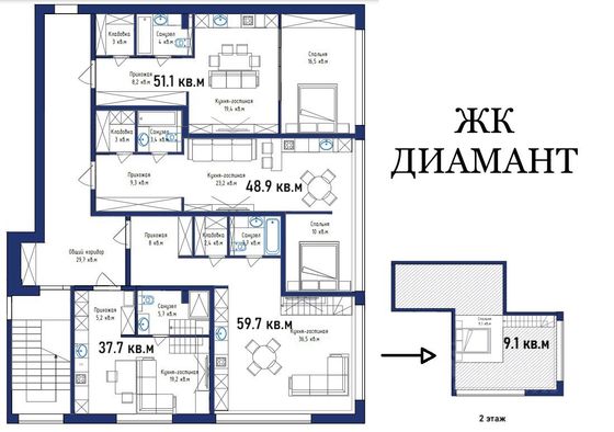 Продажа 1-комнатной квартиры 48,9 м², 2/18 этаж