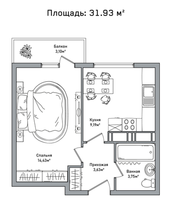 Продажа 1-комнатной квартиры 31,9 м², 7/18 этаж