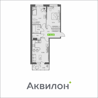 55,4 м², 2-комн. квартира, 7/8 этаж