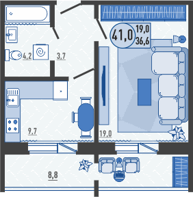 41 м², 1-комн. квартира, 3/16 этаж