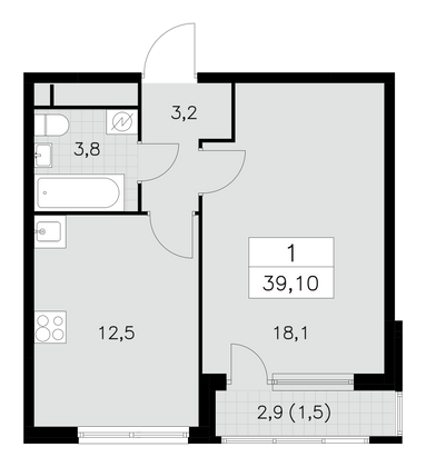 39,1 м², своб. планировка, 26/30 этаж