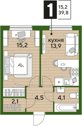 Продажа 1-комнатной квартиры 39,8 м², 2/16 этаж
