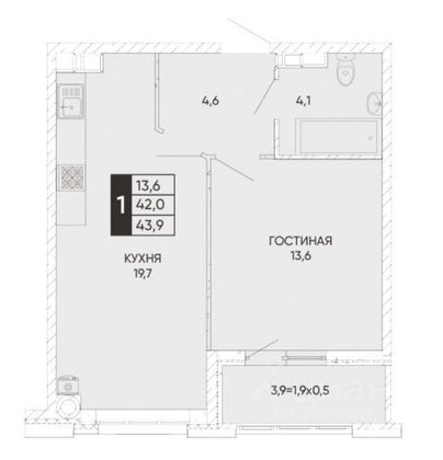 Продажа 1-комнатной квартиры 43,9 м², 10/20 этаж