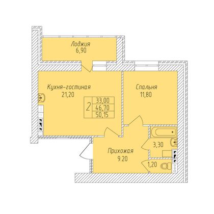 Продажа 2-комнатной квартиры 50,2 м², 7 этаж