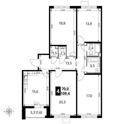 109,8 м², 4-комн. квартира, 3/15 этаж