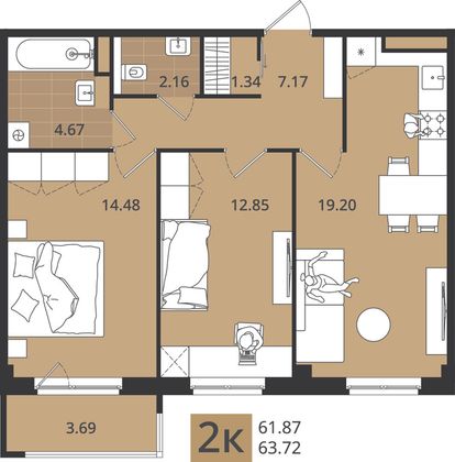 63,7 м², 3-комн. квартира, 3/5 этаж