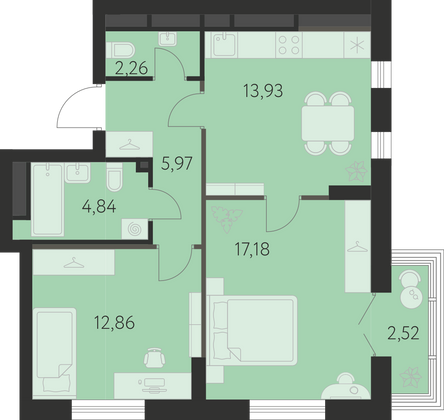 57,8 м², 2-комн. квартира, 22 этаж