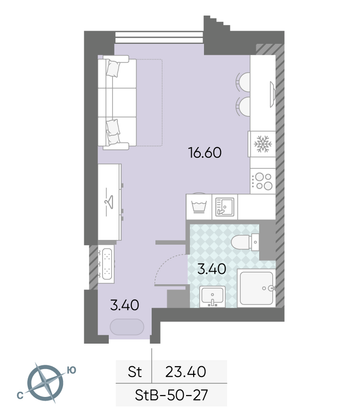 Продажа квартиры-студии 23,4 м², 27/58 этаж