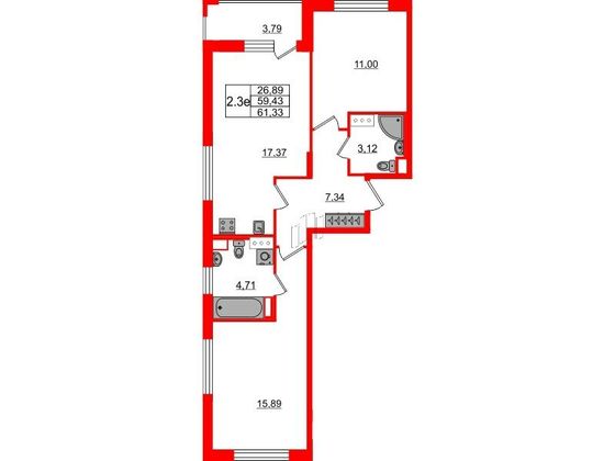 Продажа 2-комнатной квартиры 59,4 м², 3/14 этаж