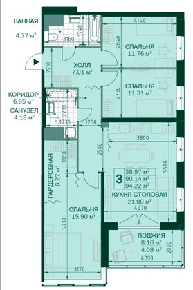 90,1 м², 3-комн. квартира, 8/14 этаж