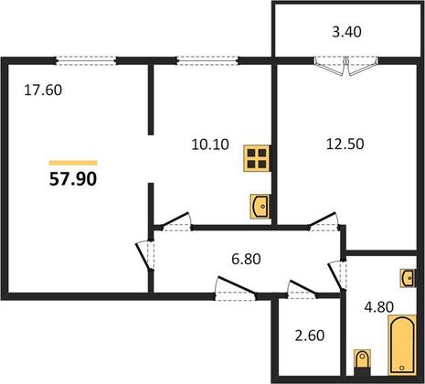 Продажа 2-комнатной квартиры 57,9 м², 4/4 этаж