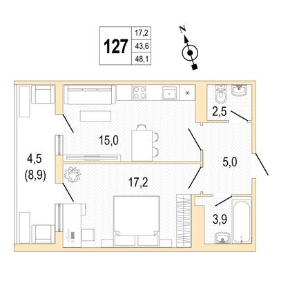 Продажа 1-комнатной квартиры 48,1 м², 8/8 этаж