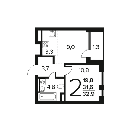 Продажа 2-комнатной квартиры 32,9 м², 2/9 этаж