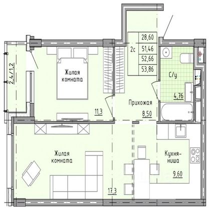 Продажа 2-комнатной квартиры 53,9 м², 18/26 этаж