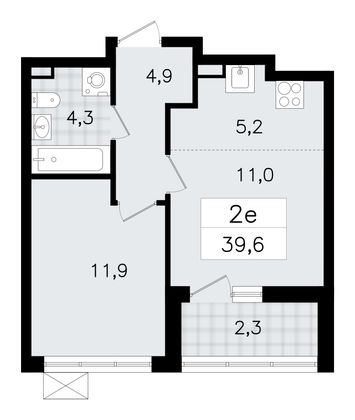 39,6 м², 2-комн. квартира, 6/12 этаж