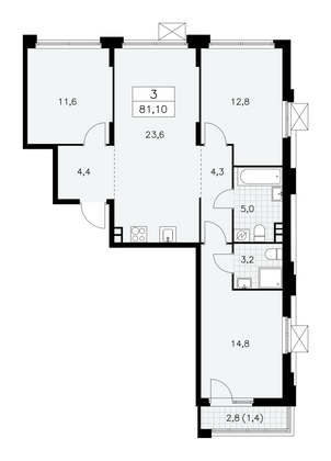 81,1 м², своб. планировка, 3/14 этаж