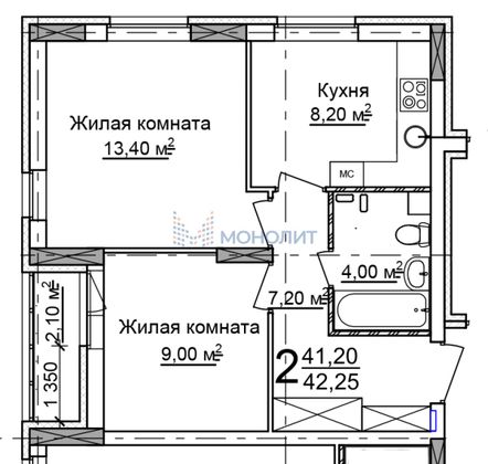 Продажа 2-комнатной квартиры 42 м², 4/18 этаж