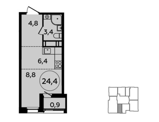 Продажа 1-комнатной квартиры 24,3 м², 11/16 этаж