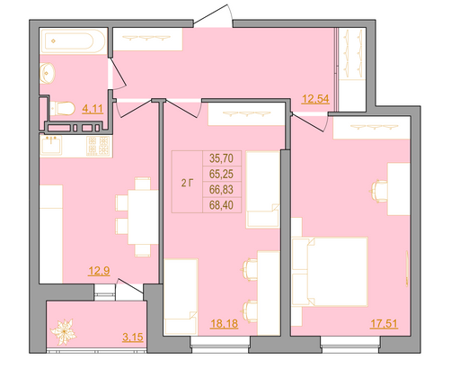 67,9 м², 2-комн. квартира, 8/22 этаж