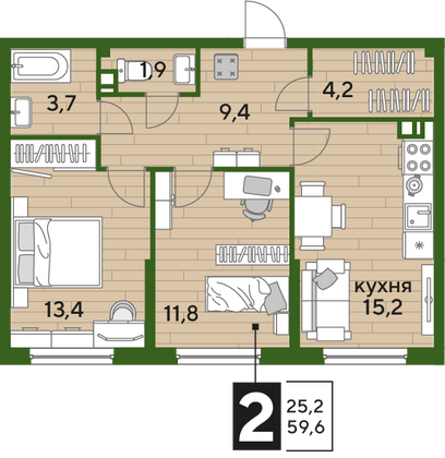 Продажа 2-комнатной квартиры 59,6 м², 8/16 этаж