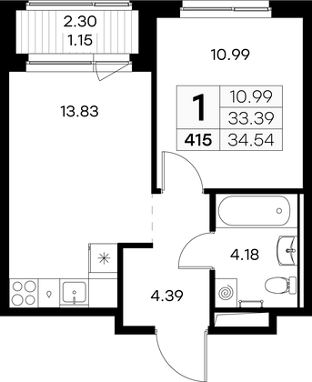 34,5 м², 1-комн. квартира, 6/9 этаж