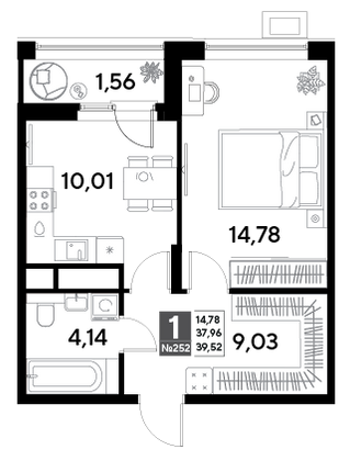 Продажа 1-комнатной квартиры 39,5 м², 21/25 этаж