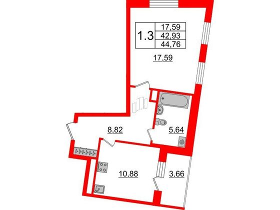 Продажа 1-комнатной квартиры 40,9 м², 3/5 этаж