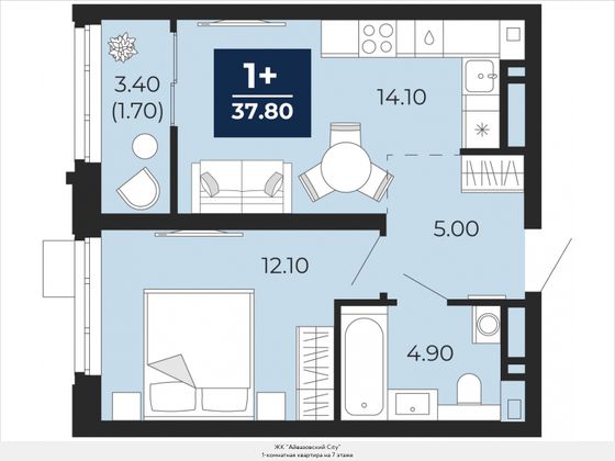 37,8 м², 1-комн. квартира, 7/24 этаж