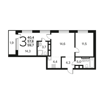 Продажа 3-комнатной квартиры 59,7 м², 9/11 этаж