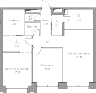 89,8 м², 2-комн. квартира, 2/18 этаж