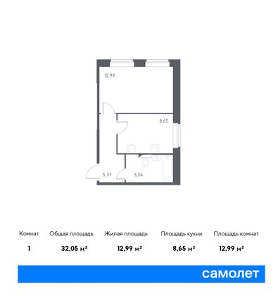 32 м², 1-комн. квартира, 1/9 этаж