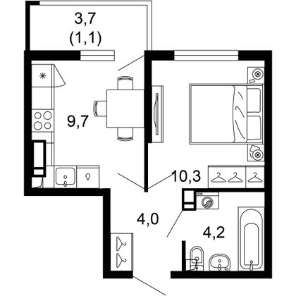 29,3 м², 1-комн. квартира, 16/17 этаж