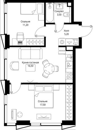 Продажа 2-комнатной квартиры 53,9 м², 8/19 этаж