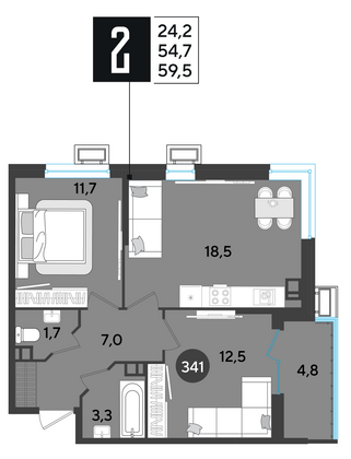 Продажа 2-комнатной квартиры 59,5 м², 6/9 этаж