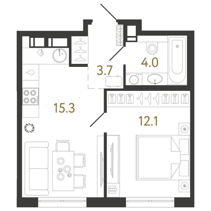 35,1 м², 1-комн. квартира, 12/15 этаж