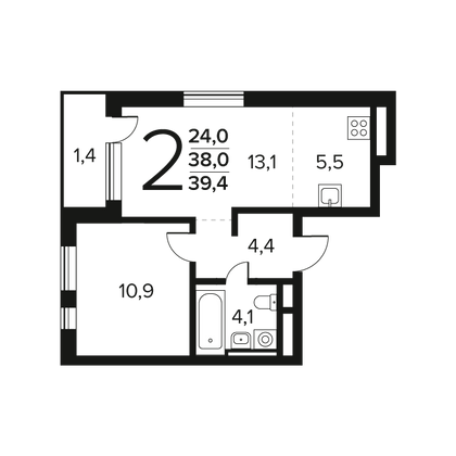 39,4 м², 2-комн. квартира, 6/9 этаж