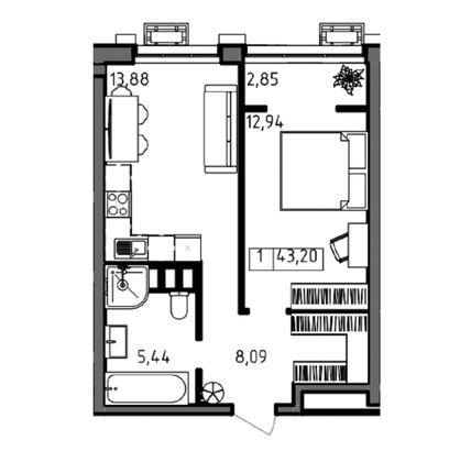 Продажа 1-комнатной квартиры 43,2 м², 23/23 этаж