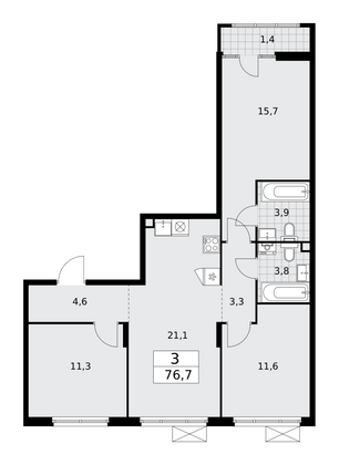 76,7 м², 3-комн. квартира, 2/16 этаж