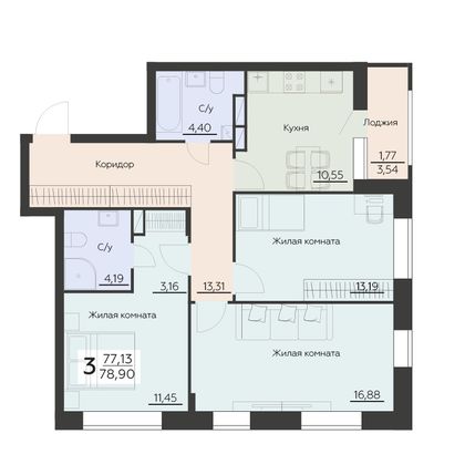Продажа 3-комнатной квартиры 78,9 м², 6 этаж
