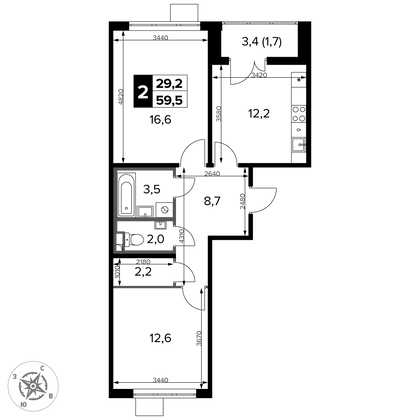 59,5 м², 2-комн. квартира, 4/12 этаж