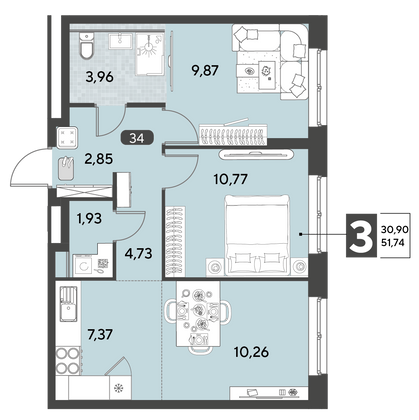 Продажа 3-комнатной квартиры 51,7 м², 6/25 этаж