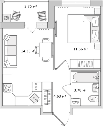 38 м², 1-комн. квартира, 2/15 этаж