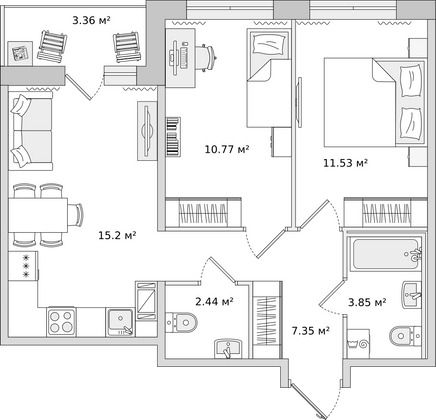 54,5 м², 2-комн. квартира, 4/16 этаж